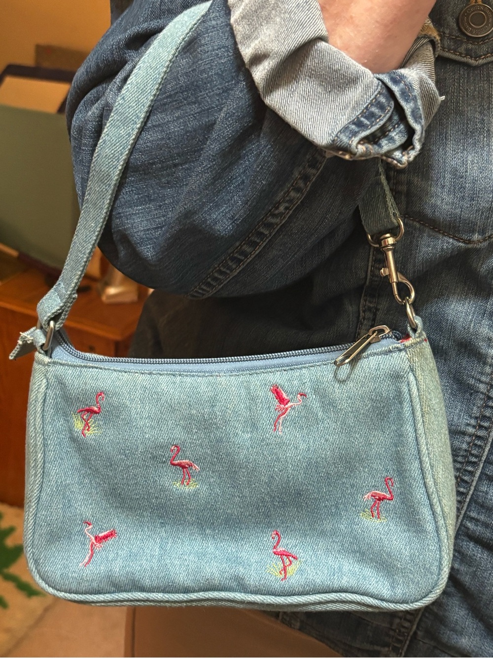 Denim Flamingo Embroidered Shoulder Bag